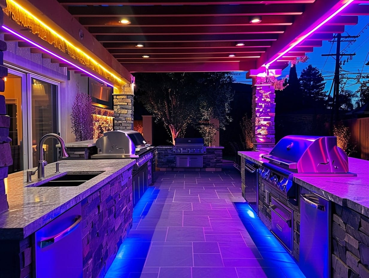 Multicolor LED smart lights illuminating an outdoor kitchen area