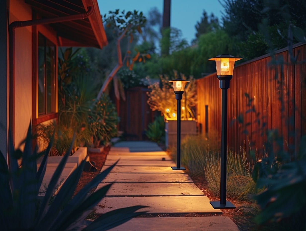 Lantern post lights illuminating a backyard pathway