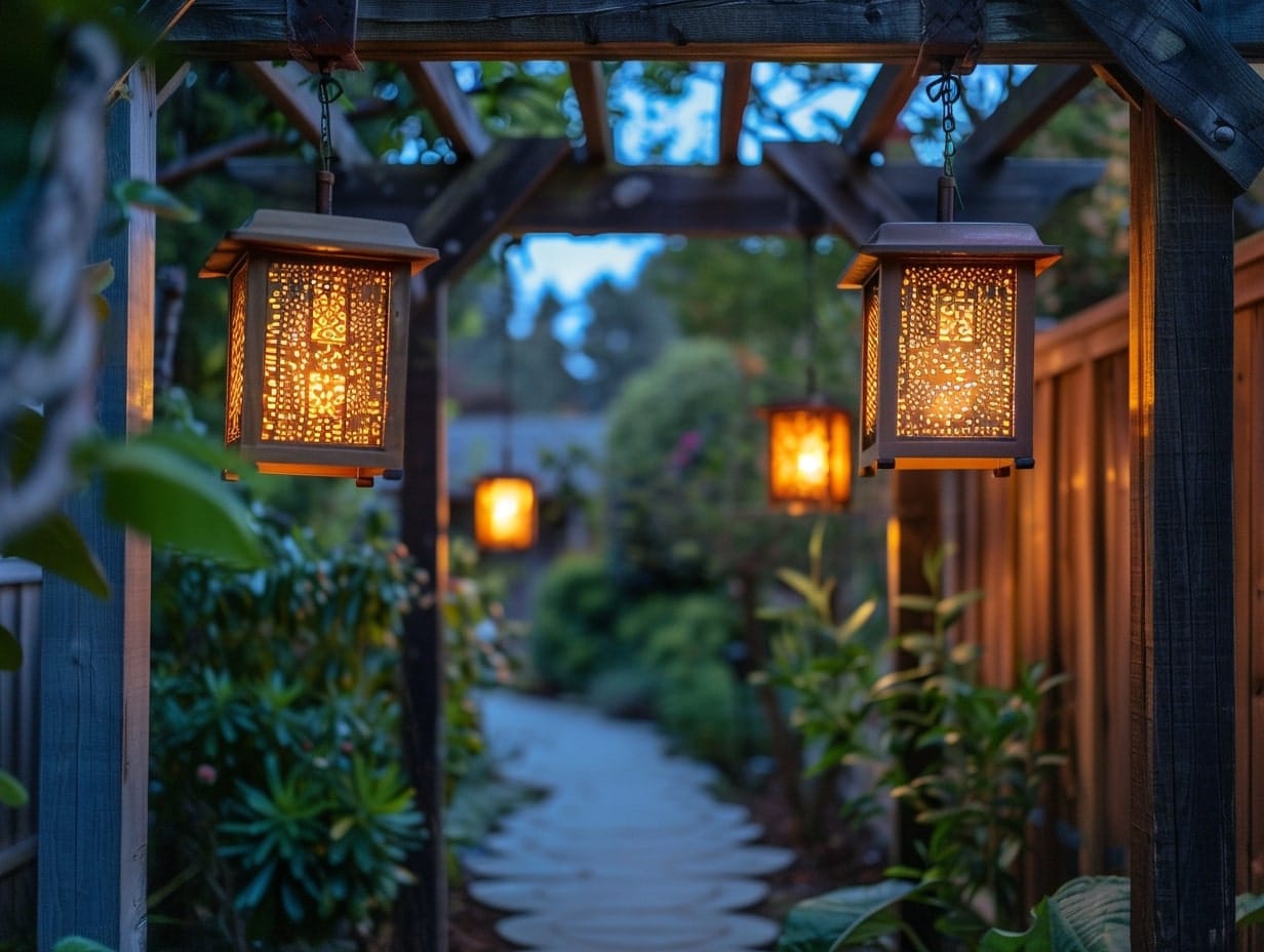 Lantern lights hanging from a pathway arch