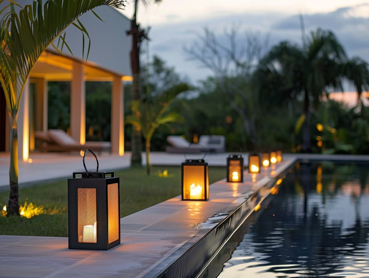 Decorate lanterns placed on a pool boundary