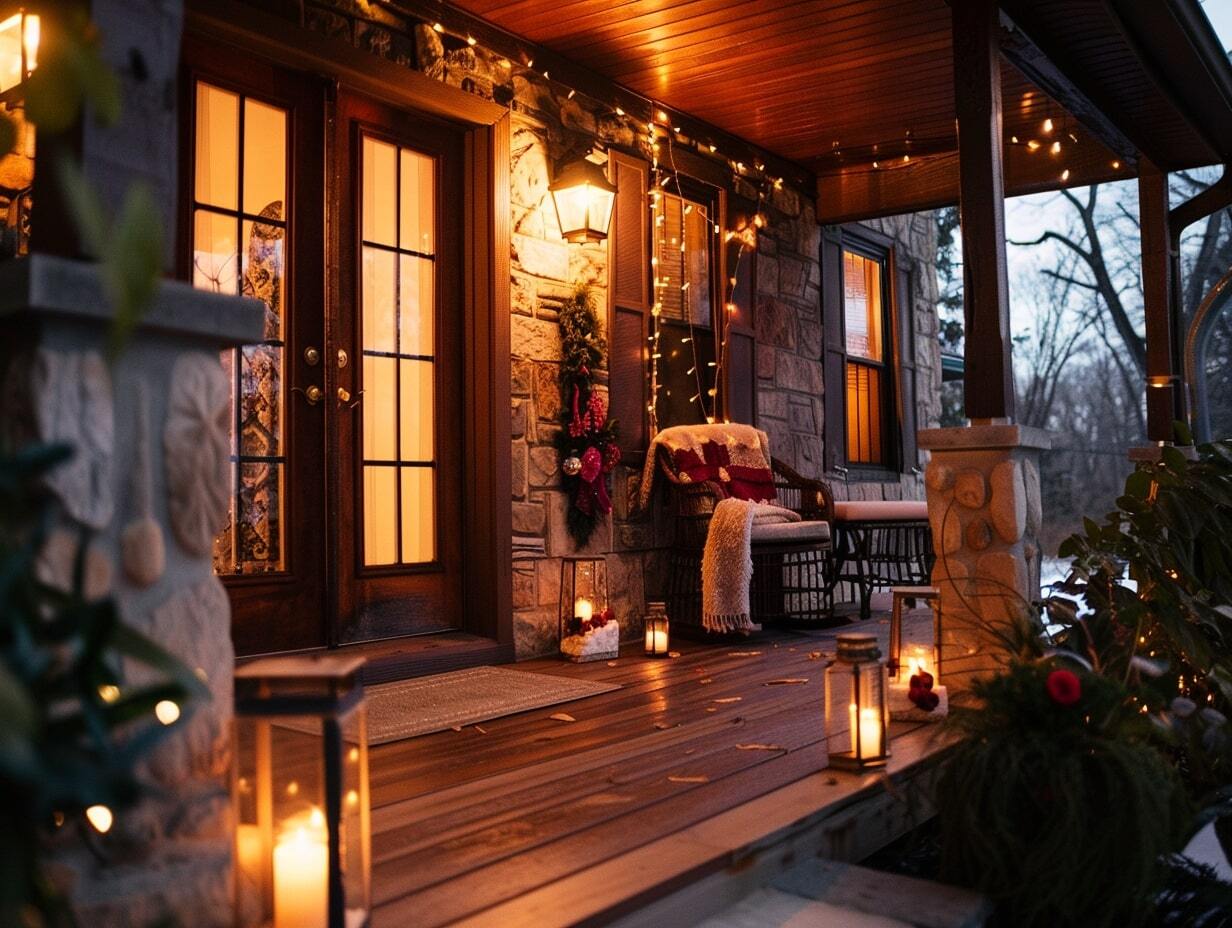 Layered lighting approach in a front porch area with fairy lights, wall sconces and floor lanterns