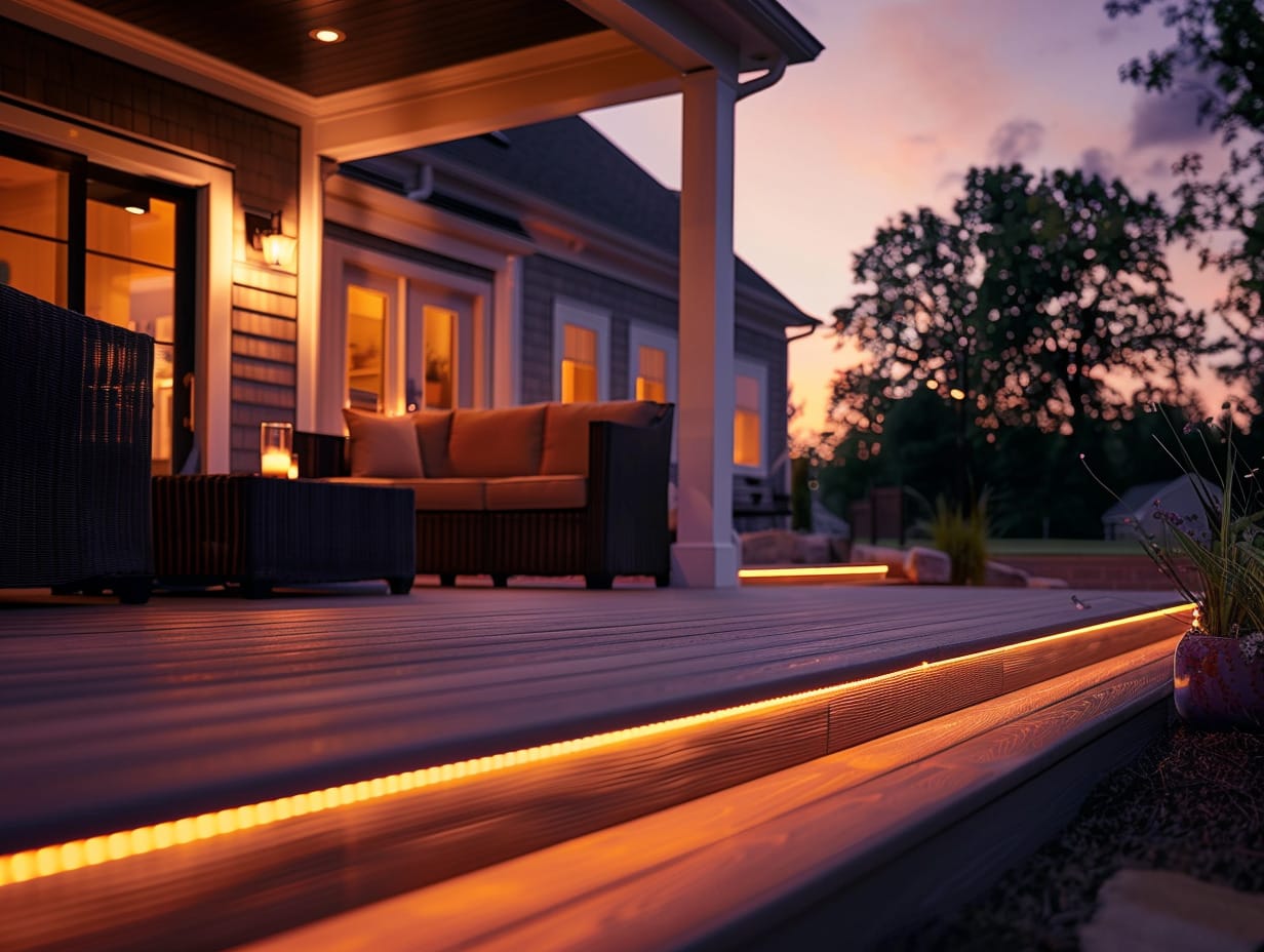 The layered lighting technique used on a deck comprising LED recessed lights, wall sconces and rope lights