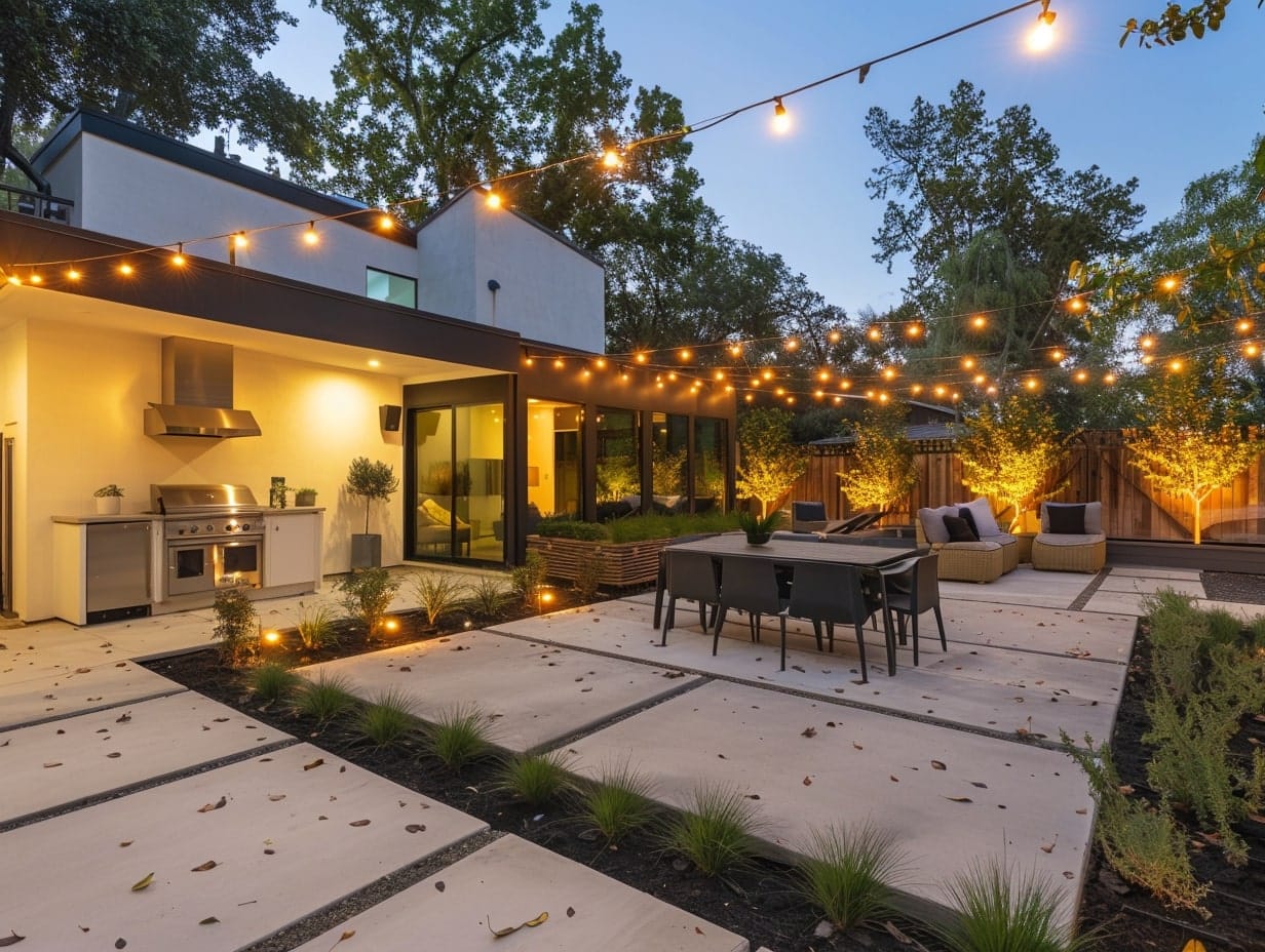 The layered lighting approach used in a backyard with string lights, recessed lights and spotlights