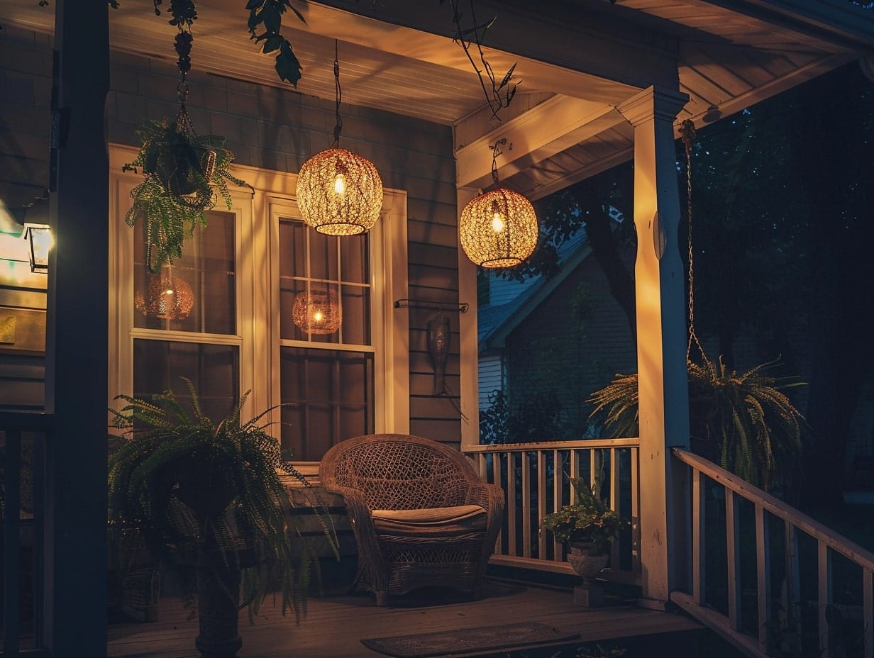 LED basket lamps hanging from a front porch ceiling