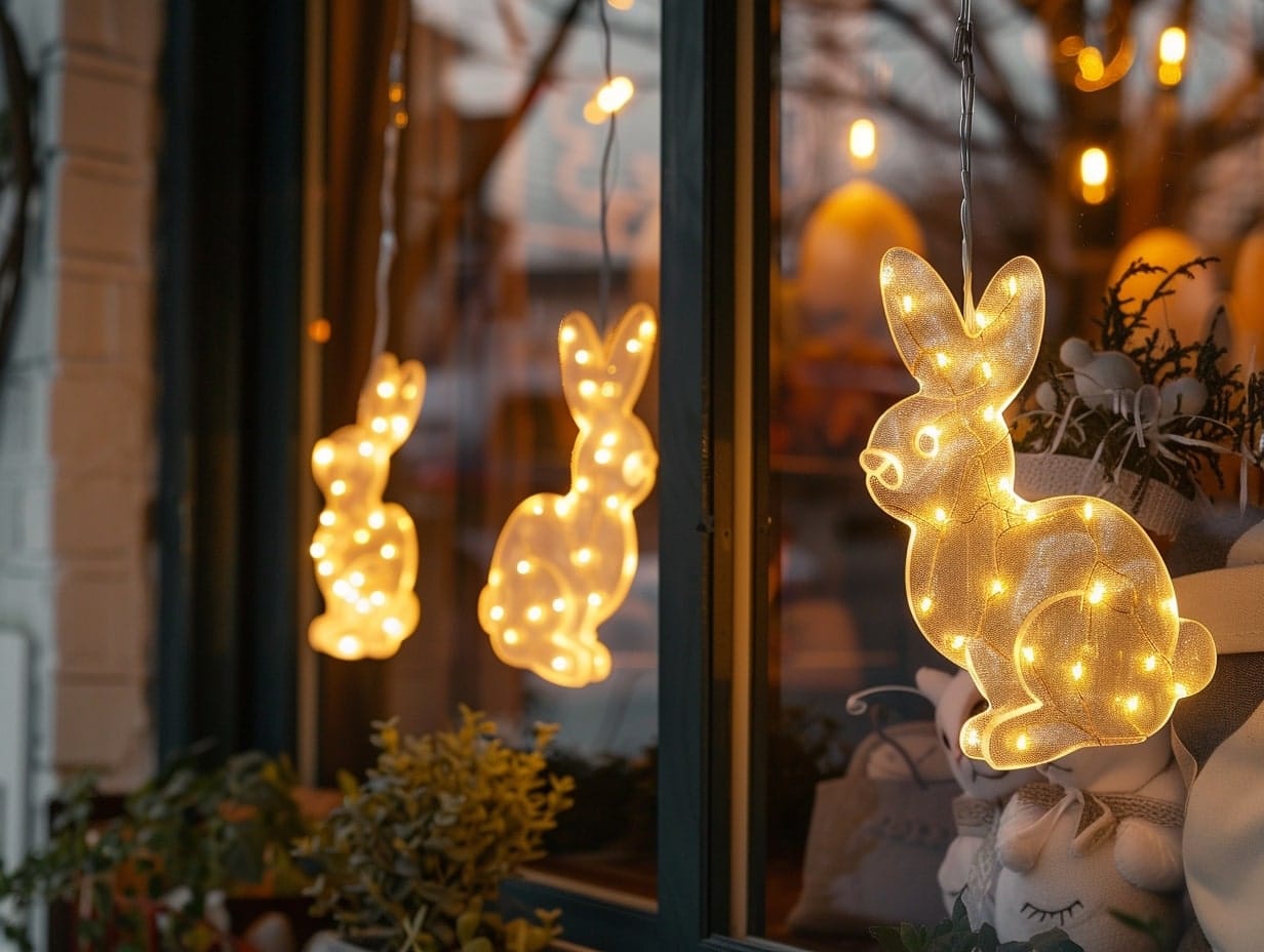 Bunny string lights hanging from a window roof