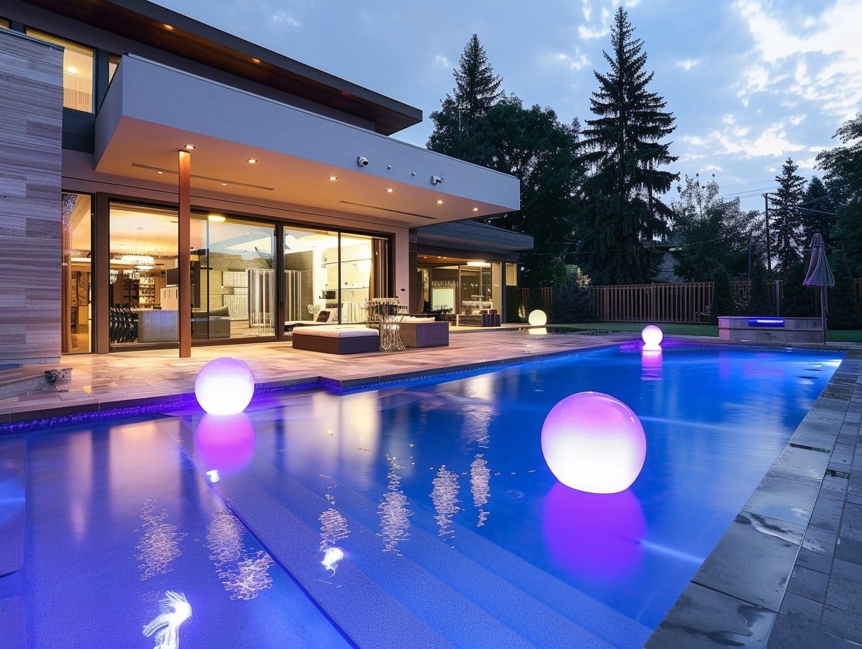LED floating orbs floating on an outdoor pool's surface