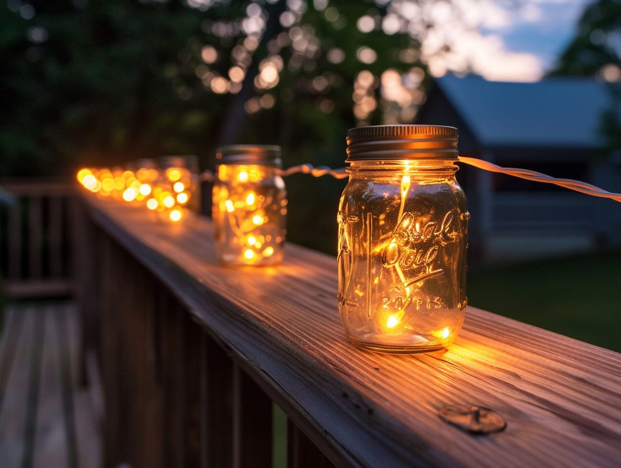 Multiple mason jar lights placed on a deck railing