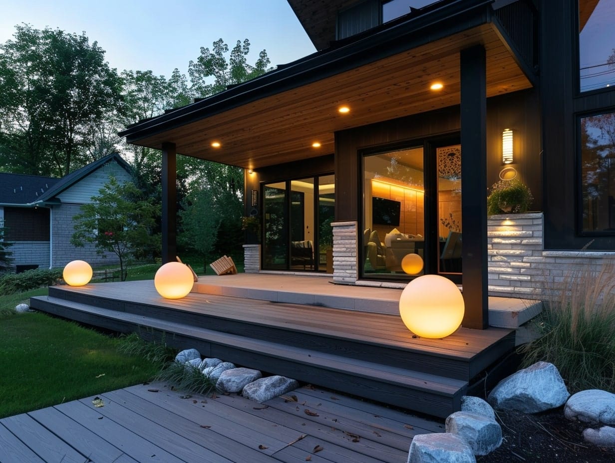 LED orb lights placed on a porch floor