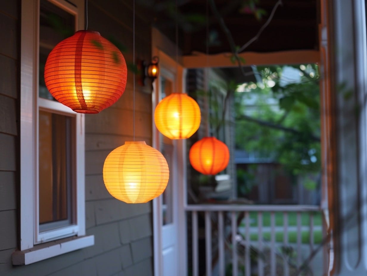 LED paper lamps hanging from a front porch ceiling