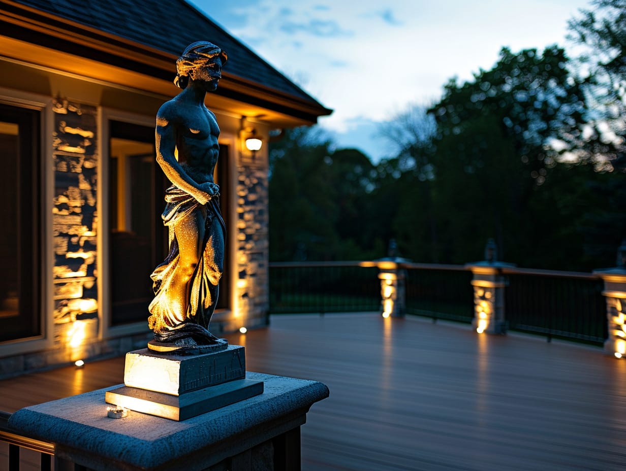 LED spotlights highlight a sculpture on the deck