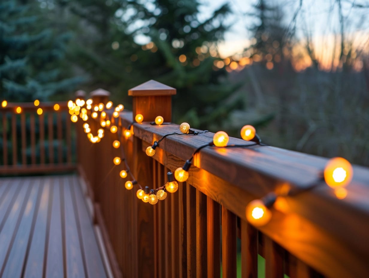 Festoon lights wrapped about a deck's railing