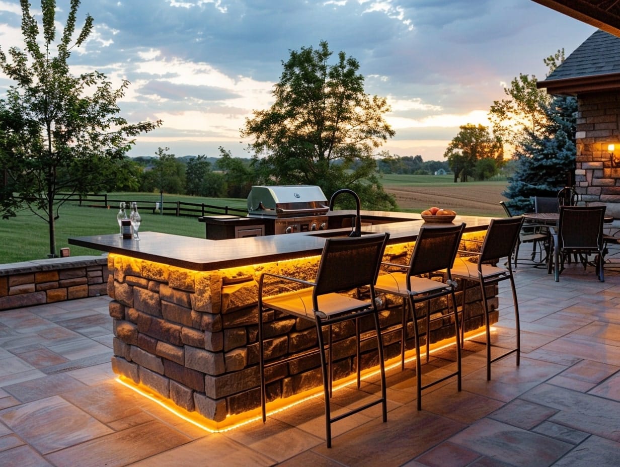 LED strip lights installed under and around the perimeter of an outdoor kitchen countertop