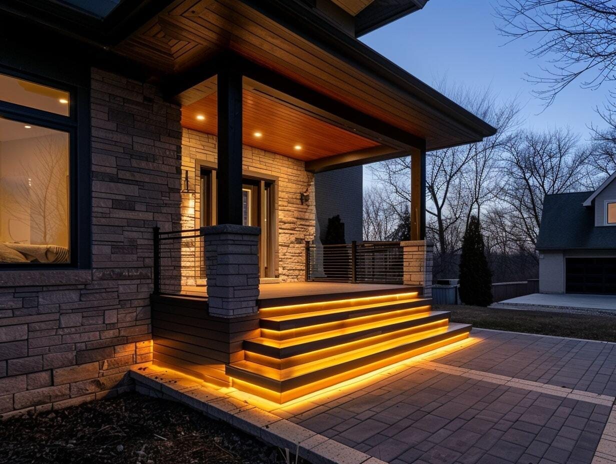 LED strip lights illuminating a front porch staircase