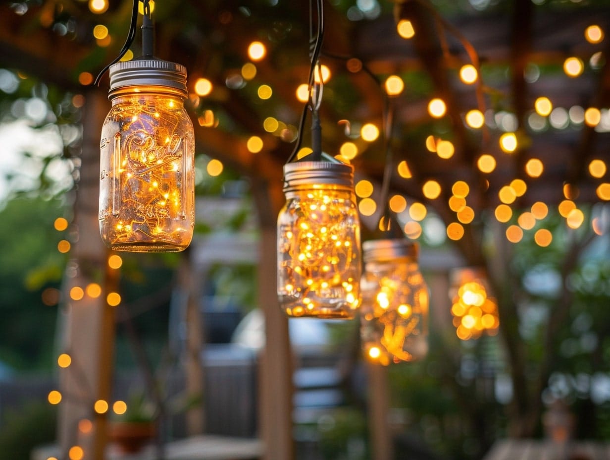Mason jar lights hanging from a pergola roof