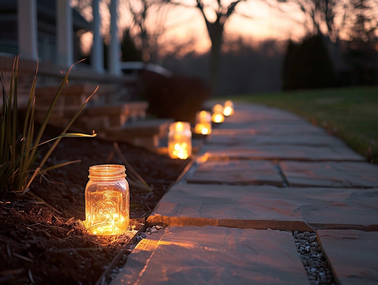 Mason jar lights illuminating a walkway in a yard
