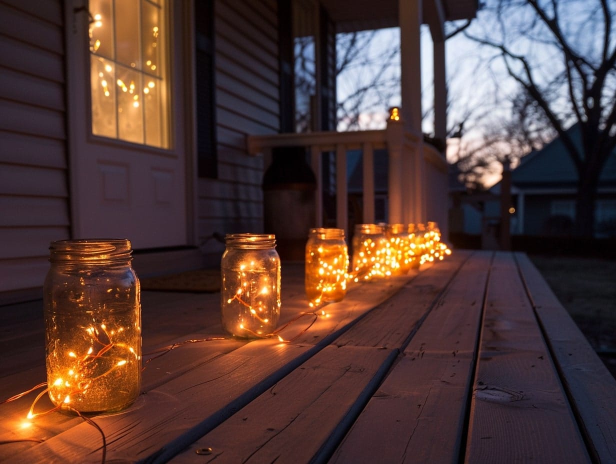 Mason jar lights placed on a porch floor