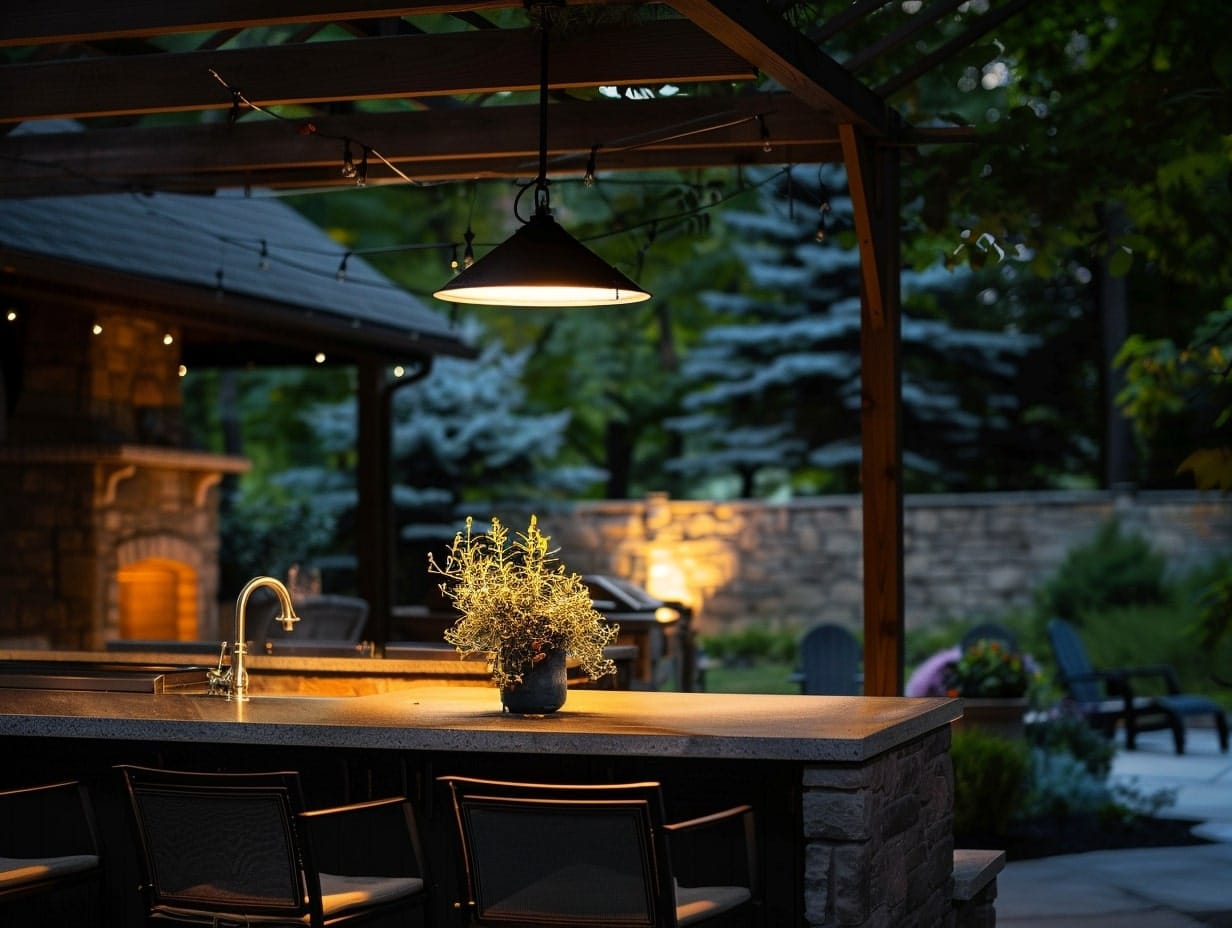 A large pendant light hanging from a pergola lattice covering an outdoor kitchen