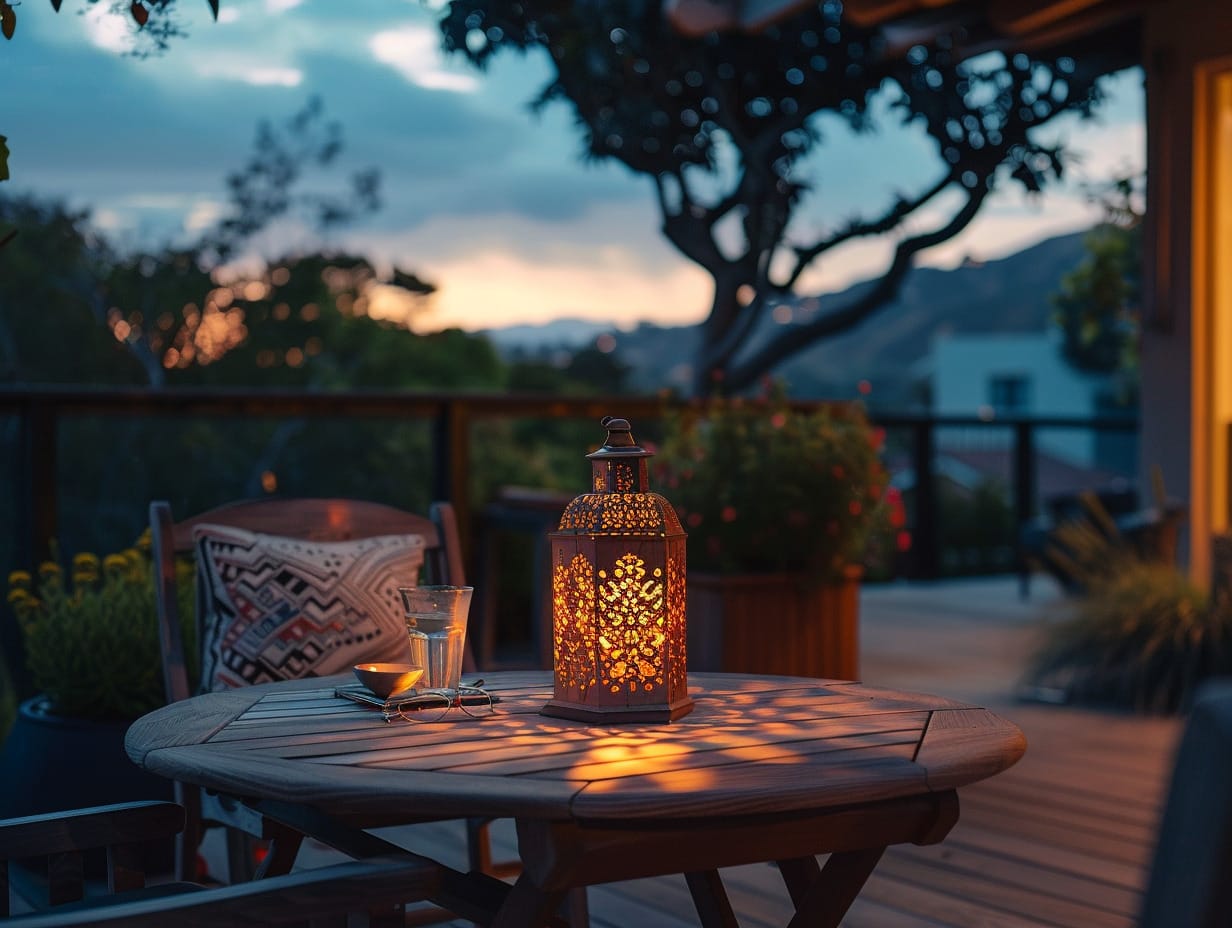 Moroccan lanterns placed on a deck table