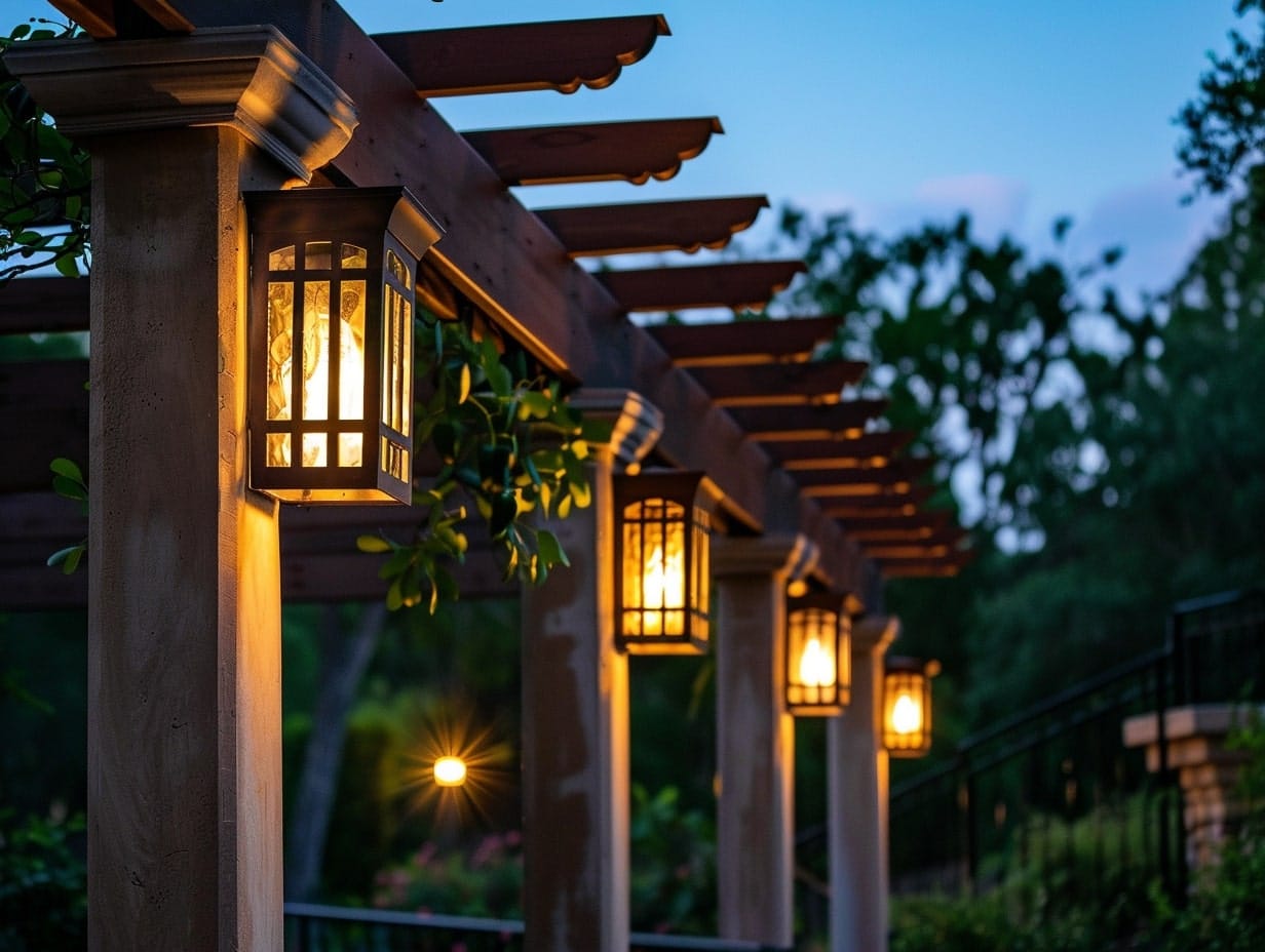Multiple wall sconces installed on the outer faces of pergola posts