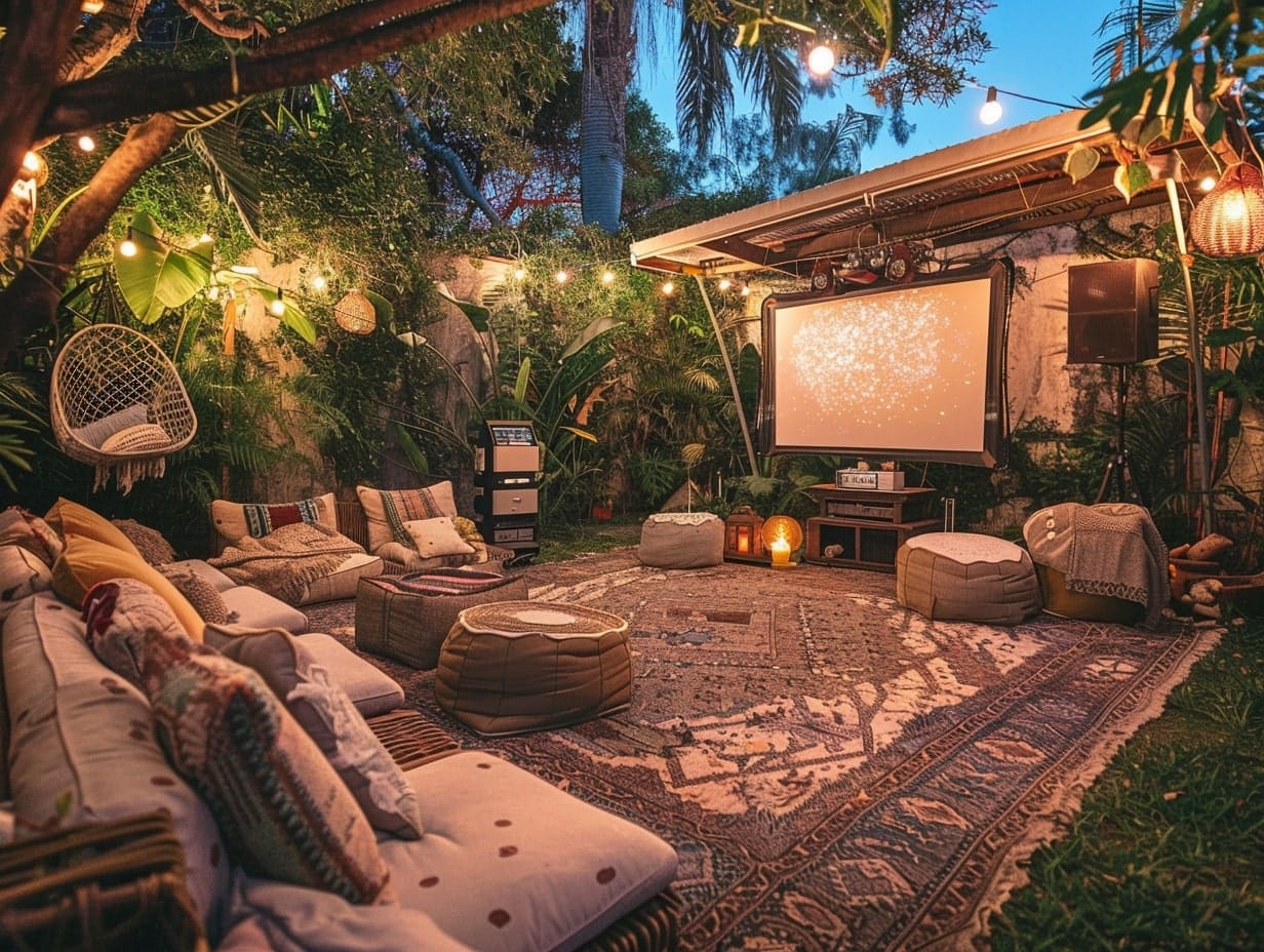 An outdoor movie theater set up in a garden