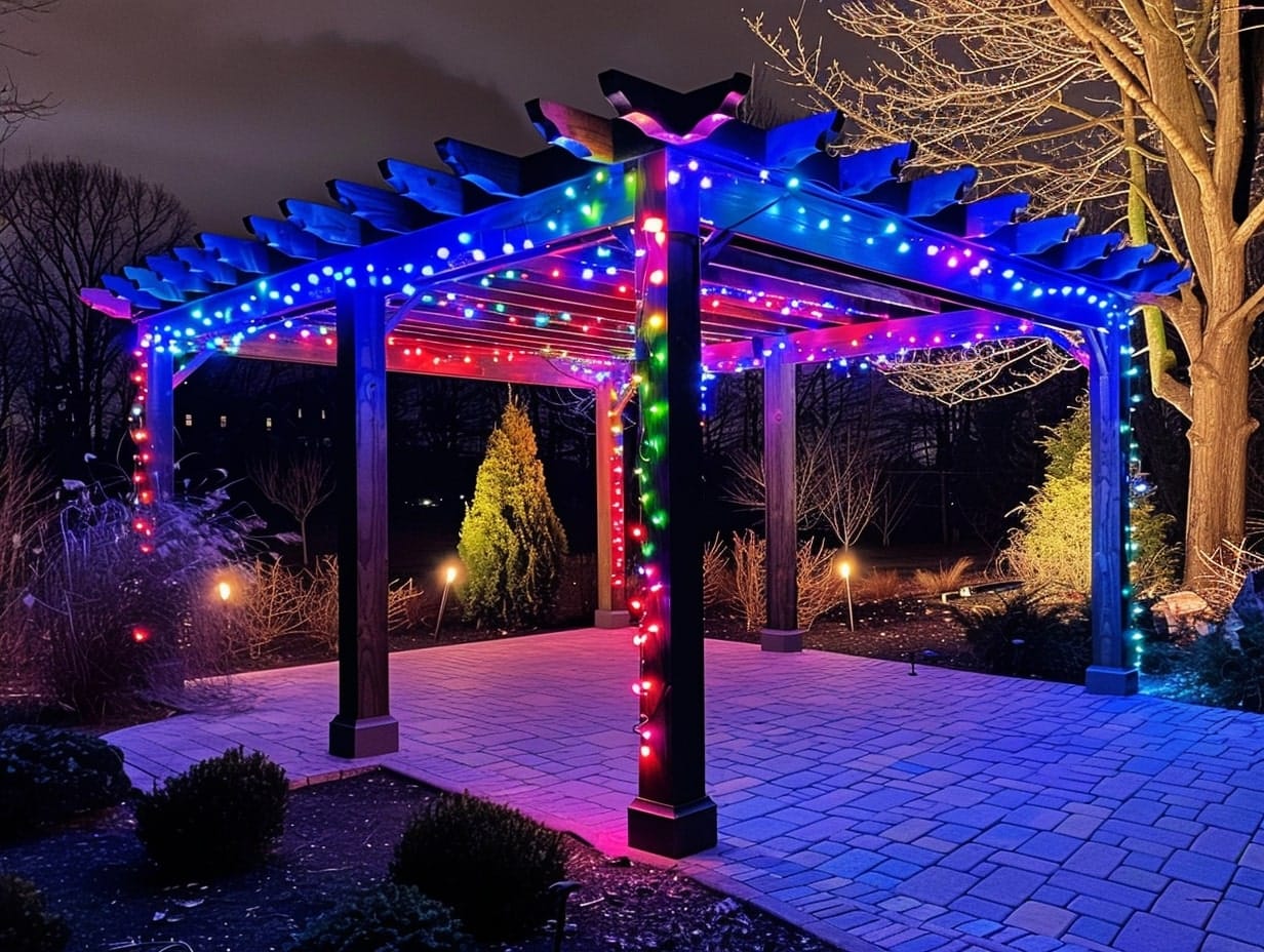Multicolor string lights draped on pergola posts and roof