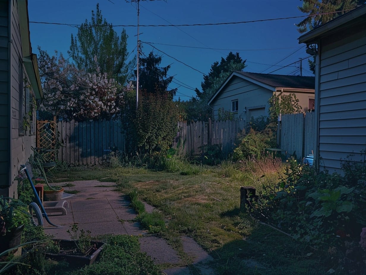 An unsafe and inadequately lit backyard