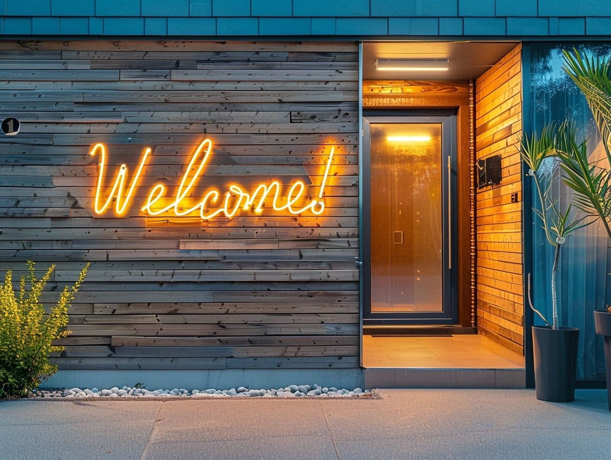 A neon sign displaying a welcome message installed on a front porch wall