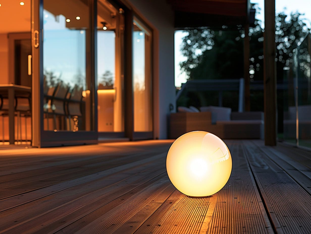 An orb light placed on a deck floor in the backyard