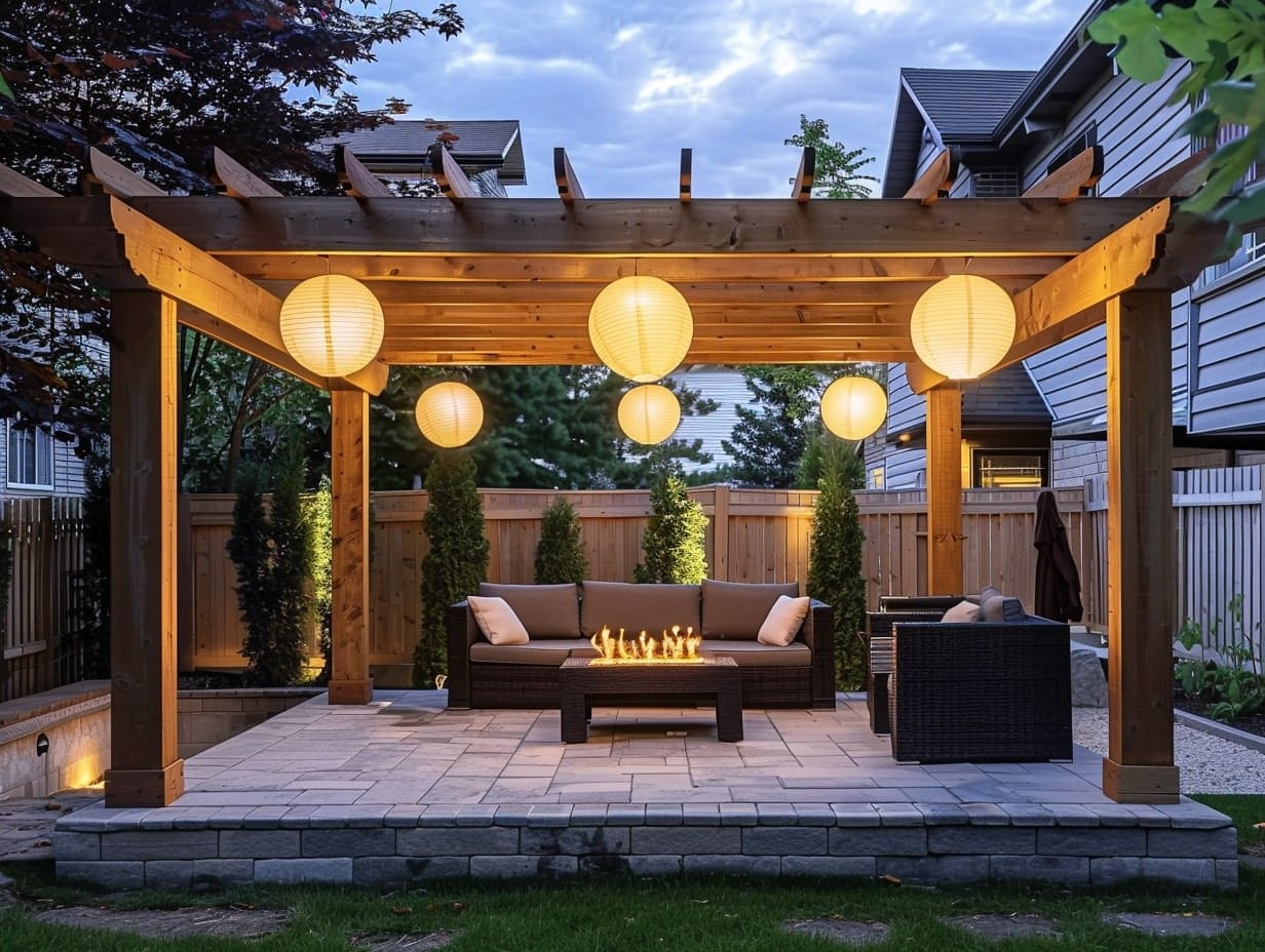 LED paper lanterns hanging from a pergola's roof