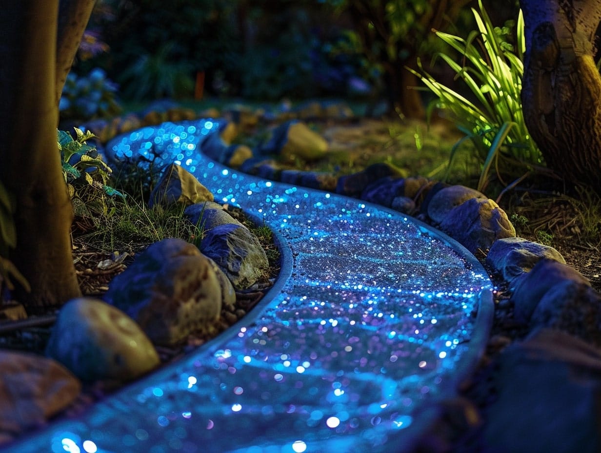 Pebble lights embedded in a narrow garden pathway