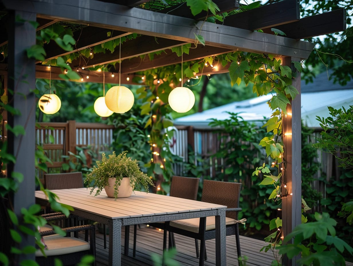 Pendant lights hanging from a pergola roof above a deck dining area