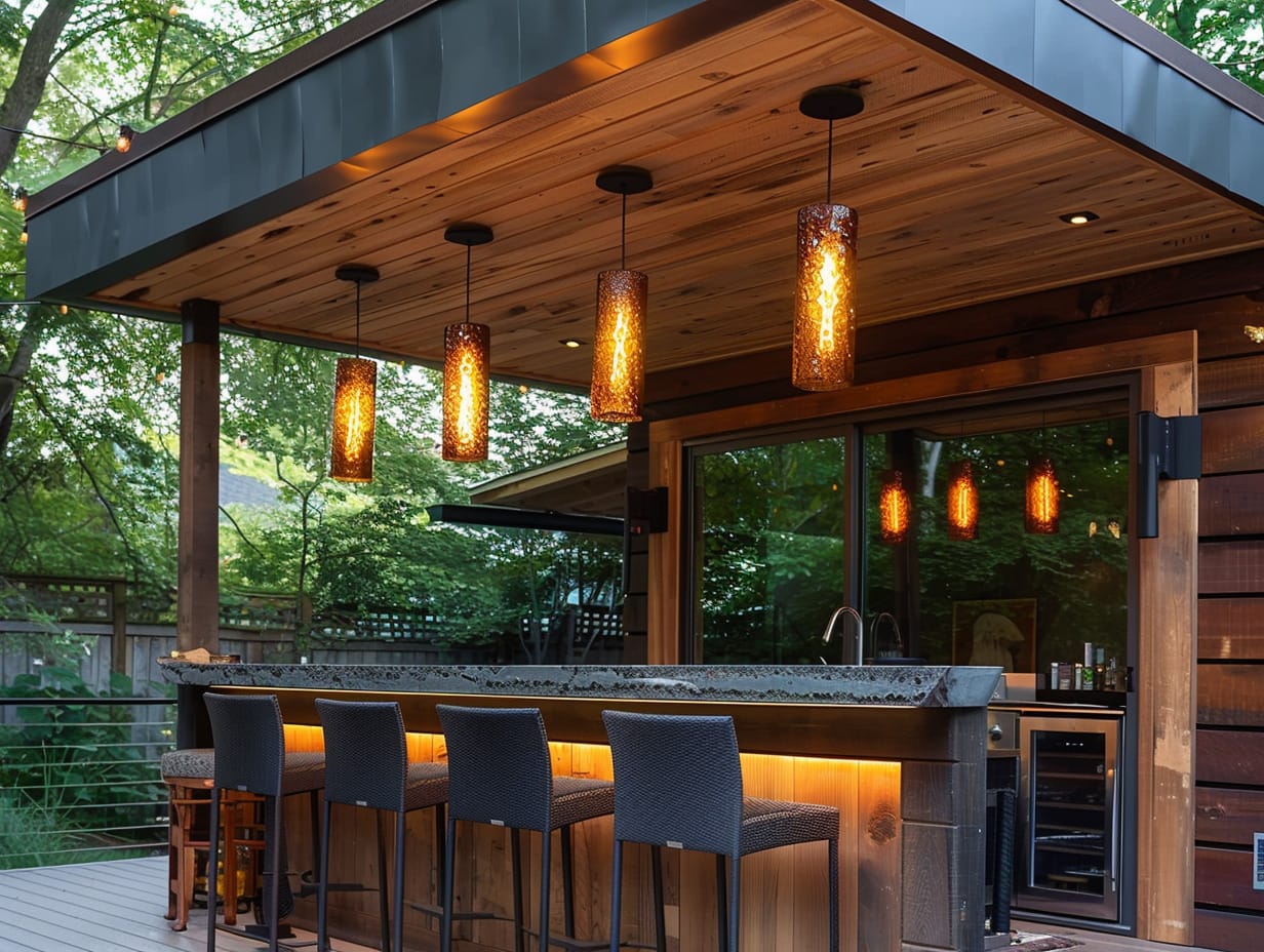 Multiple pendant lights hanging from an outdoor kitchen's roof