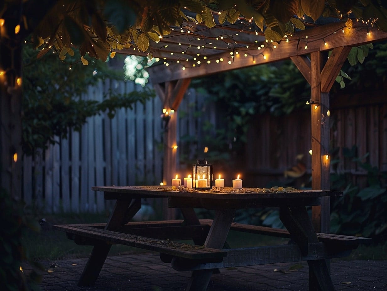 Tealight candles placed on a table under a pergola