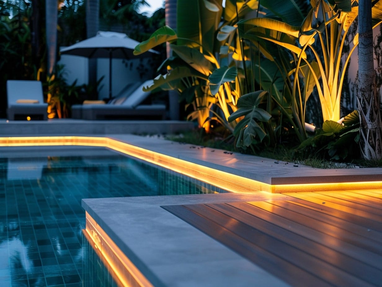 An outdoor pool's boundary highlighted using LED strip lights