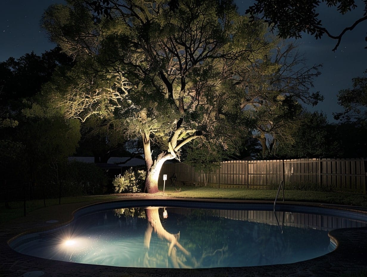 LED spotlights installed on a tree for moonlighting effect on the pool surface