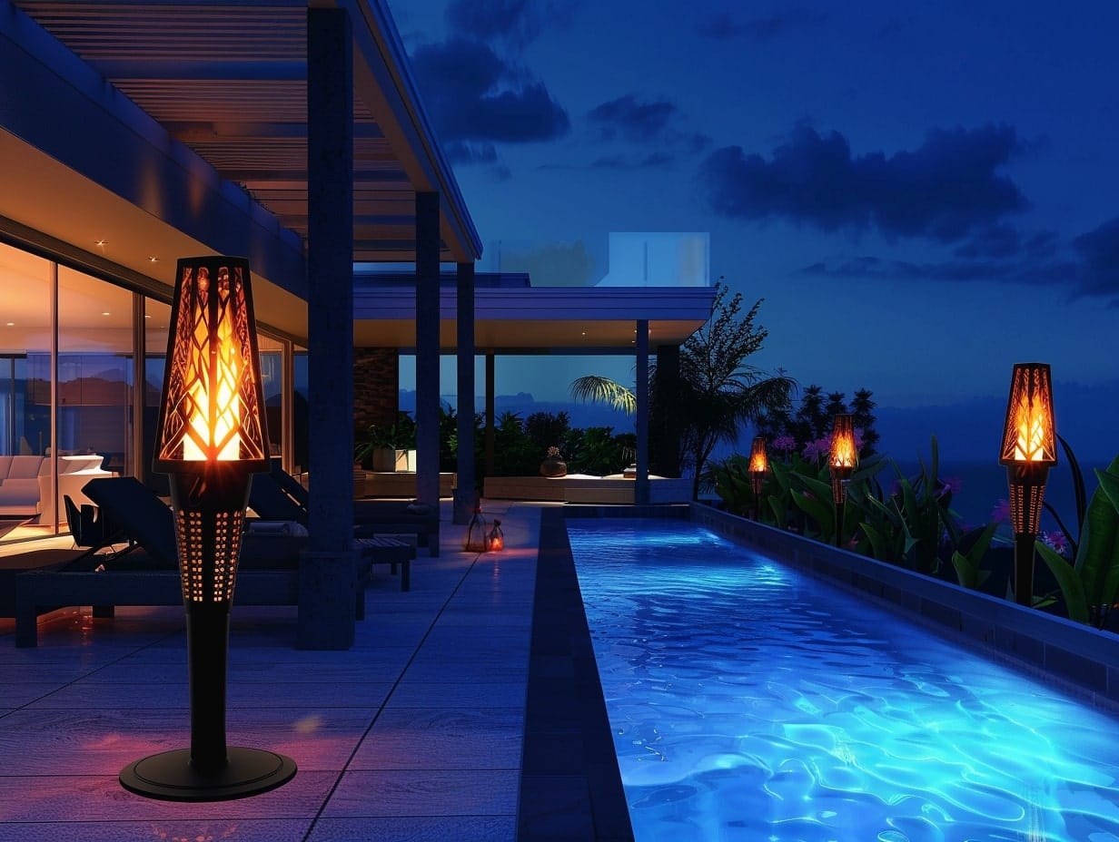 Solar tiki torches installed on a poolside patio