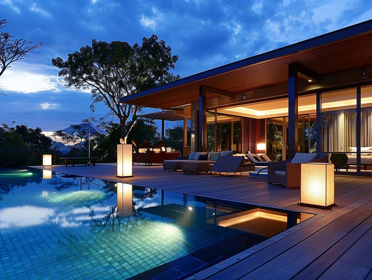 Modern floor lamps placed on a poolside deck's floor