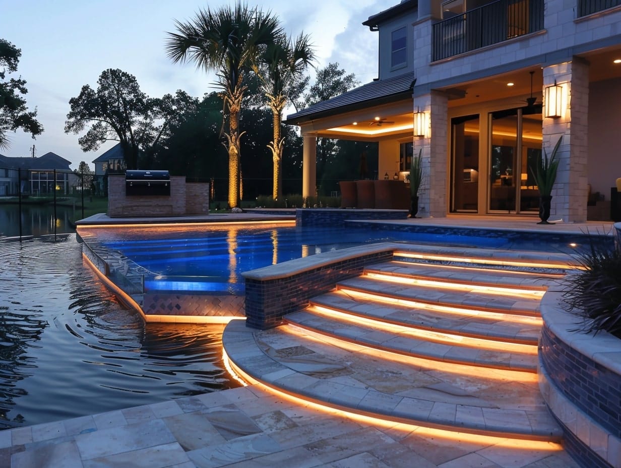 A poolside staircase illuminated with LED step lights
