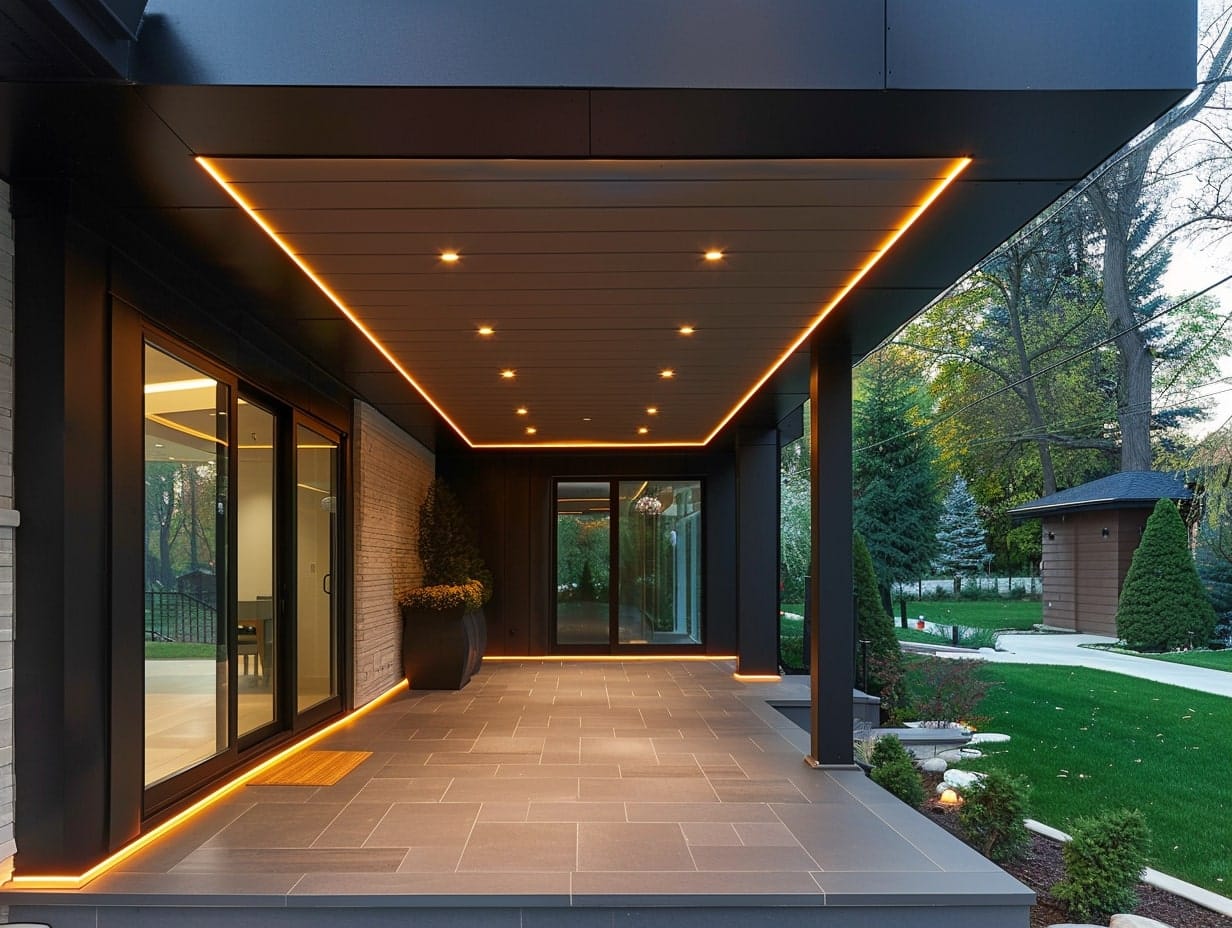 LED strip lights illumination a front porch's ceiling and floor perimeter