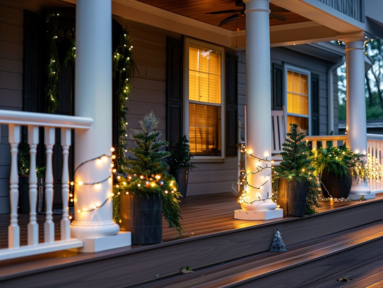 Fairy lights wrapped around porch columns and plants