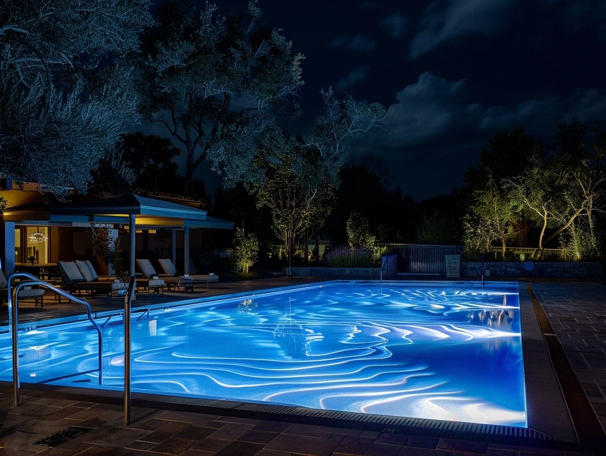 Projection lights creating interesting patterns on a pool surface