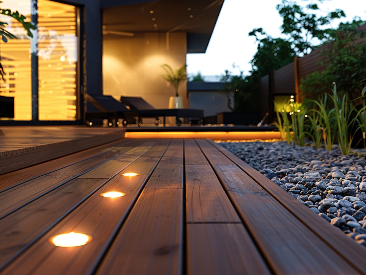 A deck floor with embedded recessed LED lights