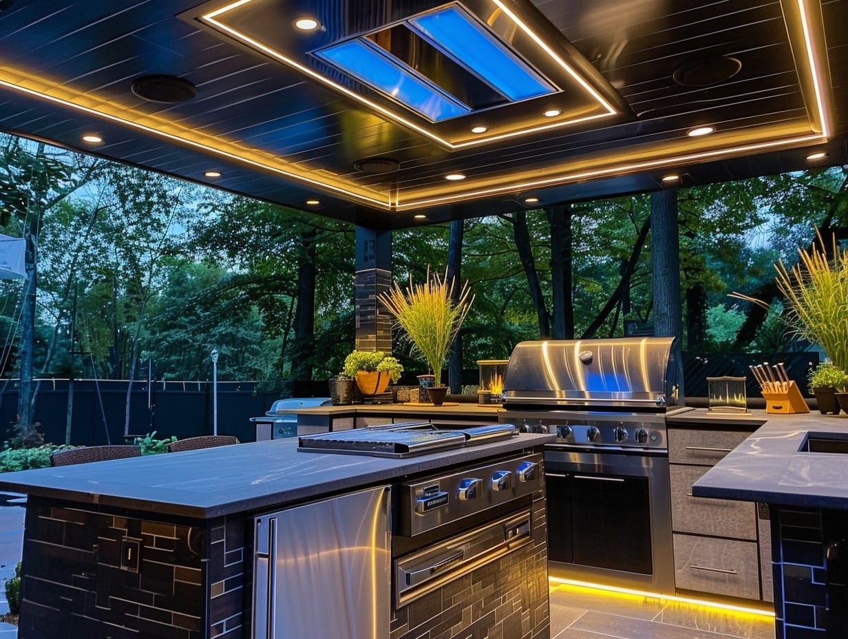 Recessed lights embedded into an outdoor kitchen ceiling