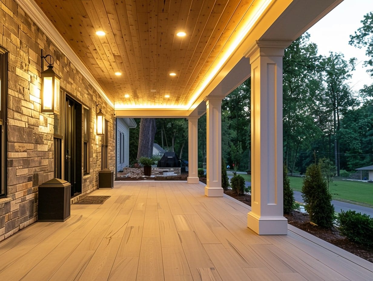 Recessed LED lights installed in a porch ceiling