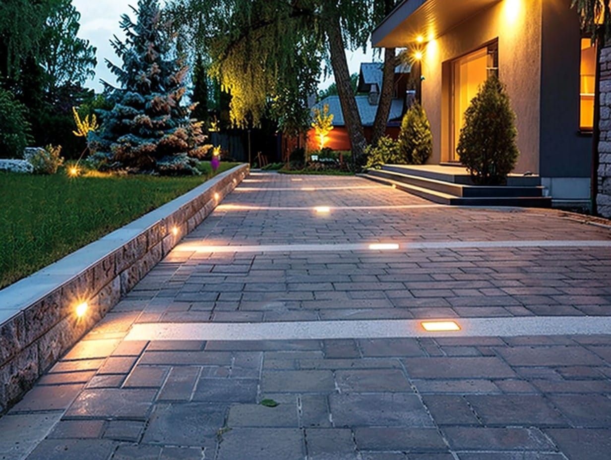 Paver lights embedded in a driveway floor