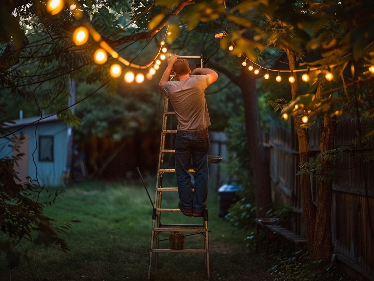 A man using a ladder for the inspection and maintenance of his yard lights