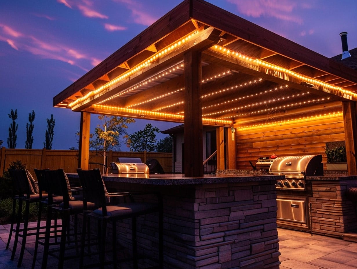 Rope lights installed on the perimeter and lattice of a pergola covering an outdoor kitchen