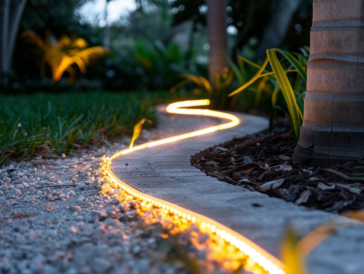 A backyard pathway decorated with rope lights