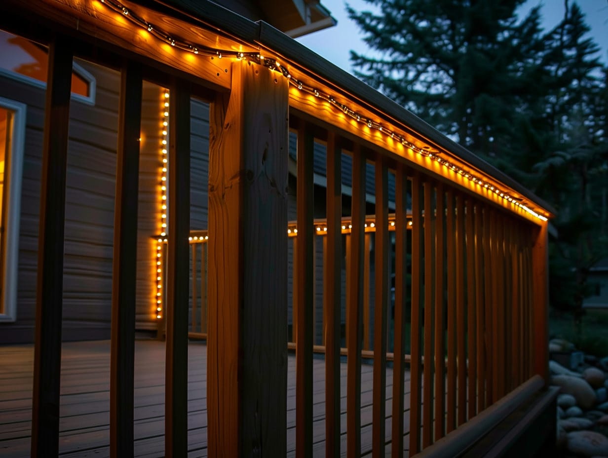Rope lights installed under a deck's railing