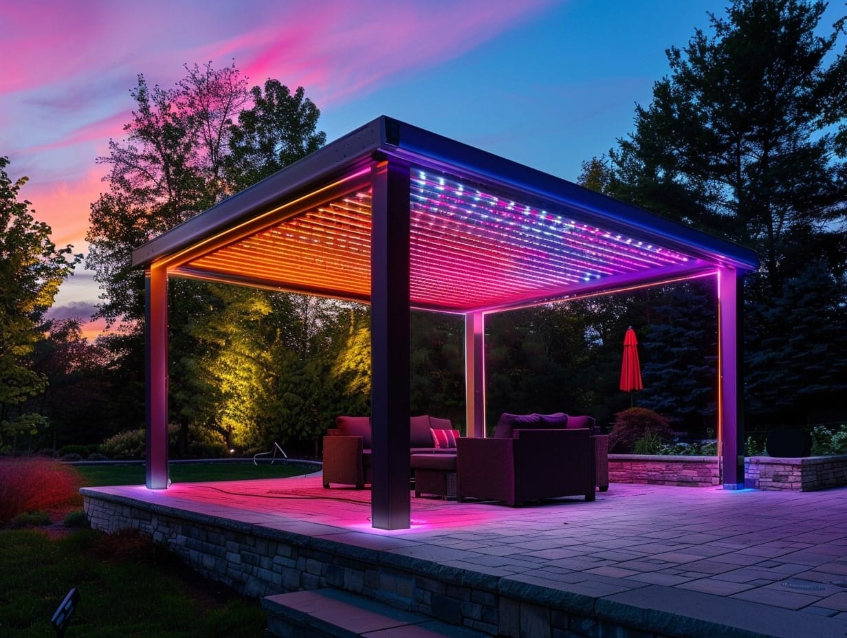 Multicolor smart LED lights decorating and illuminating a backyard pergola